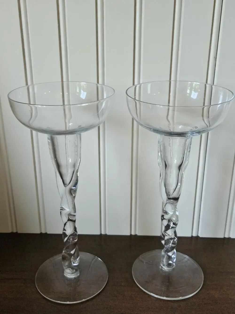 2 Vintage Glass Candlestick Spiral Twist Rope Long Stem Candle Holder Handblown